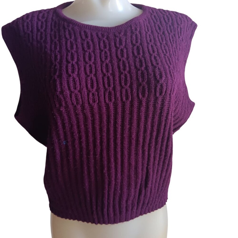 Vintage 1970's Women's Turbo Cable Knit Sleeveless Burgundy Sweater Top Purple